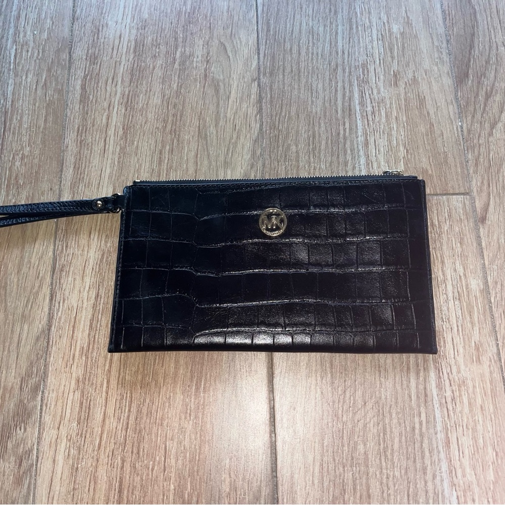 Michael Kors crocodile embossed black wristlet